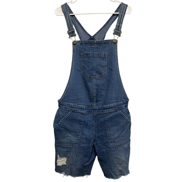 A:Glow Denim Maternity Short Overalls Distressed Adjustable Waist Size Small - Picture 1 of 8